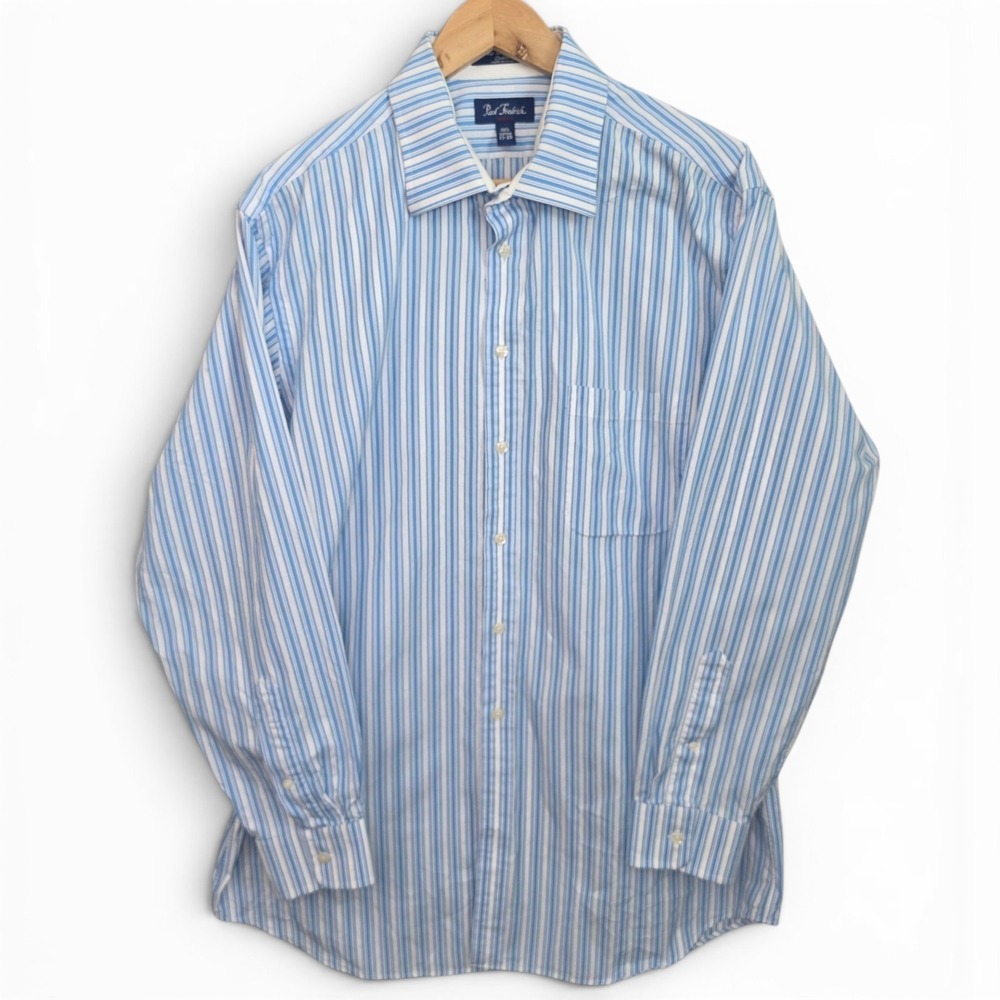 Paul Fredrick Dress Shirt Mens 17 35 Blue Striped Button Trim Fit Cotton Career